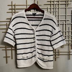 Talbots Womens Petite SP Navy White Striped Knit Cardigan Short Sleeve Button Up